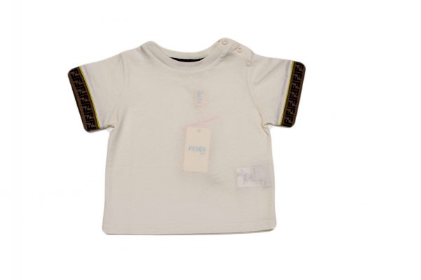 Fendi - T-shirt bianca con bordo manica logato per neonato