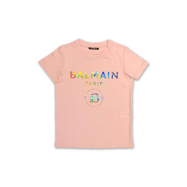 Balmain - T-shirt rosa con logo specchiato bimba