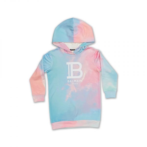 Balmain - Abito felpato con cappuccio rosa e azzurro bimba