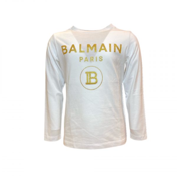 Balmain - T-shirt bianca a manica lunga con logo giallo bimba