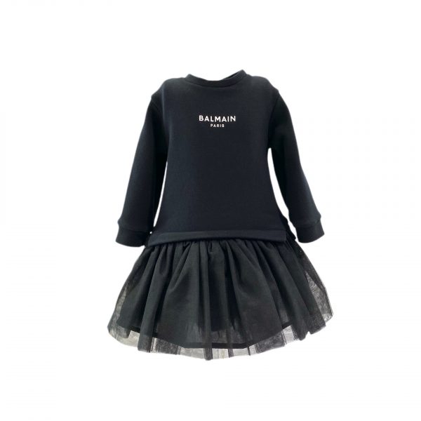 Balmain - Abito felpato con gonna a tulle nero per neonata