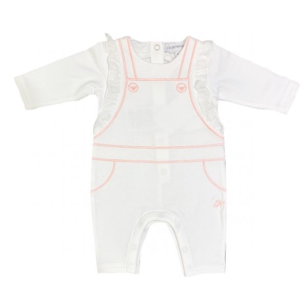 Giorgio Armani - Tutina in cotone felpato senza piedino bianca e rosa per neonata