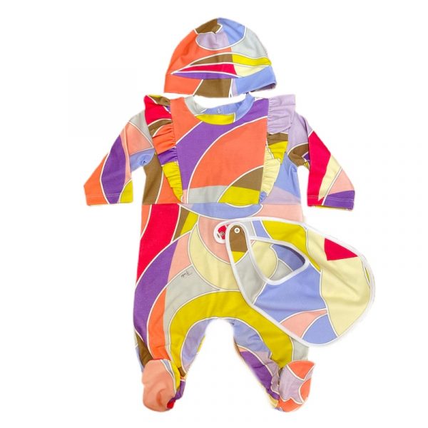 Emilio Pucci - Tutina cappello e bavetta color per neonata