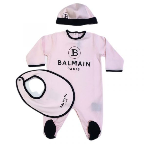 Balmain - Tutina con cappellino e bavaglino rosa per neonata