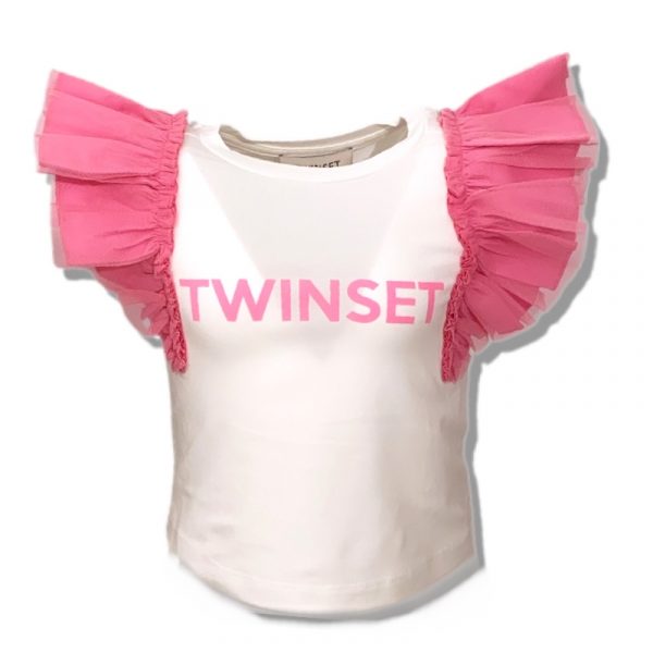 Twinset - T-shirt in cotone bianca-fucsia bimba