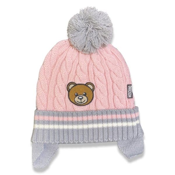 Moschino - Cappello con pon pon rosa grigio per neonata