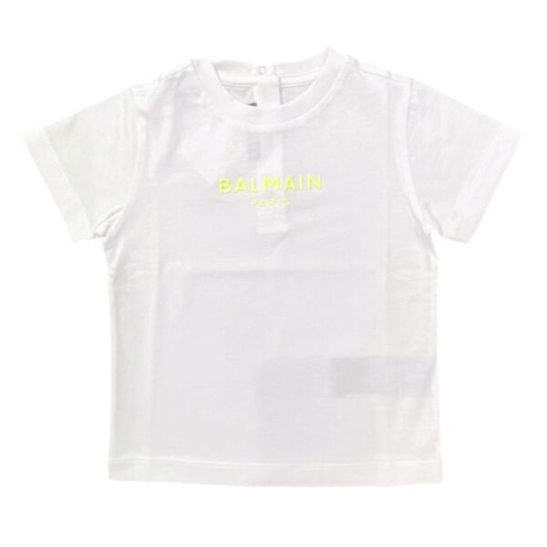 Balmain - T Shirt bianca con logo giallo 3 d