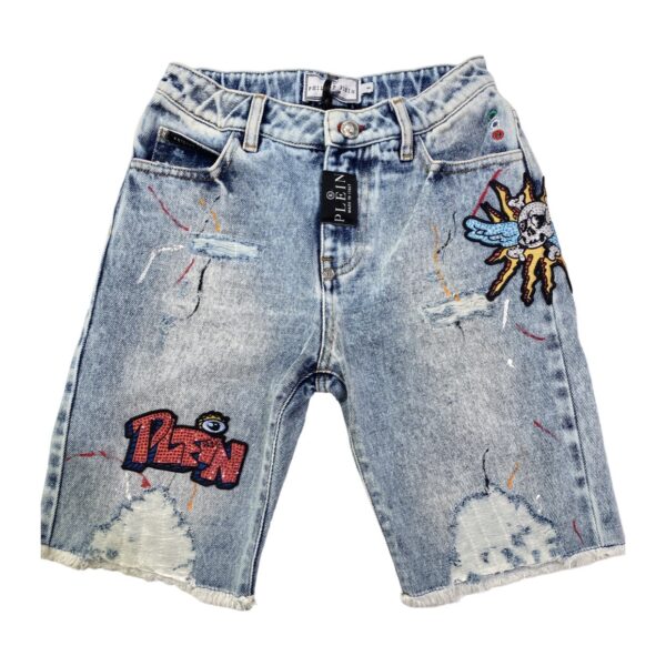 Philipp Plein - Bermuda in jeans chiaro con teschi