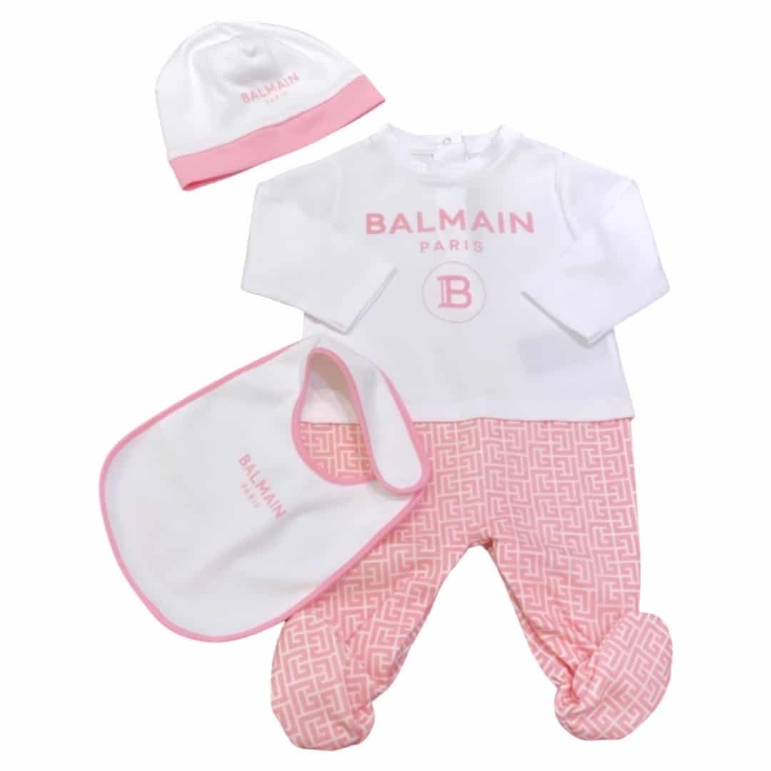 Balmain - Tutina cappello bavetta - Rosa Bianco