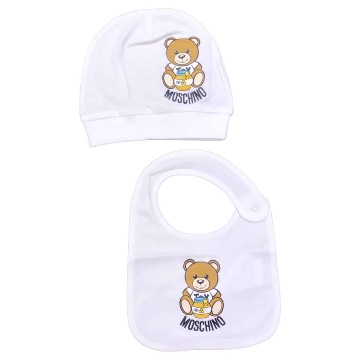 Moschino - Cappello e bavetta con orsetto bianco